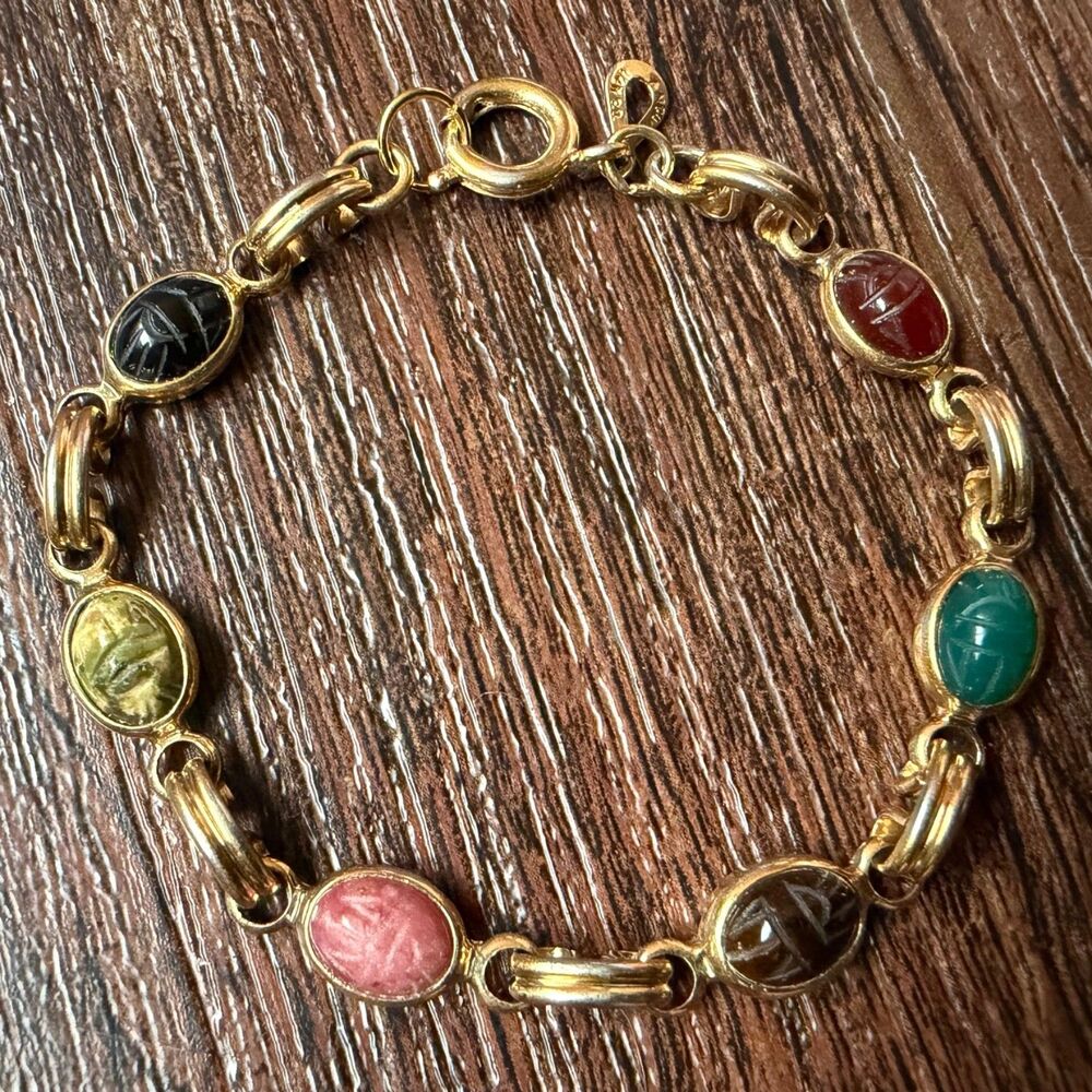 VINTAGE 14K Gold Filled Genuine SCARAB BRACELET 6.5" 6 Gemstones AMCO 14K G.O.